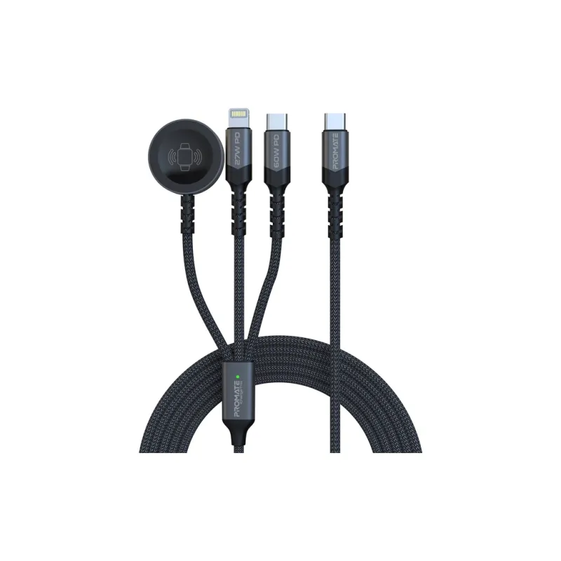 Дата кабель USB-C to Lightning 27W + USB-C 60W + Apple Watch 2.5W 1.5m icharge trio black Promate (icharge-trio.black)