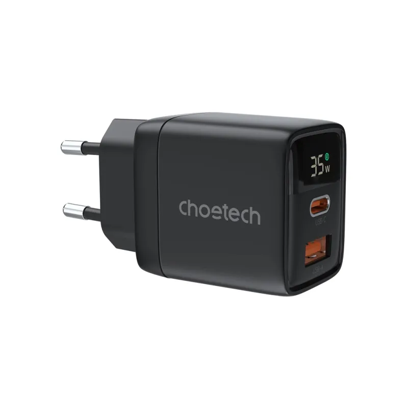 Зарядний пристрій Choetech 1xUSB + 1xUSB-C PD35W with display black (PD6052-EU-BK)