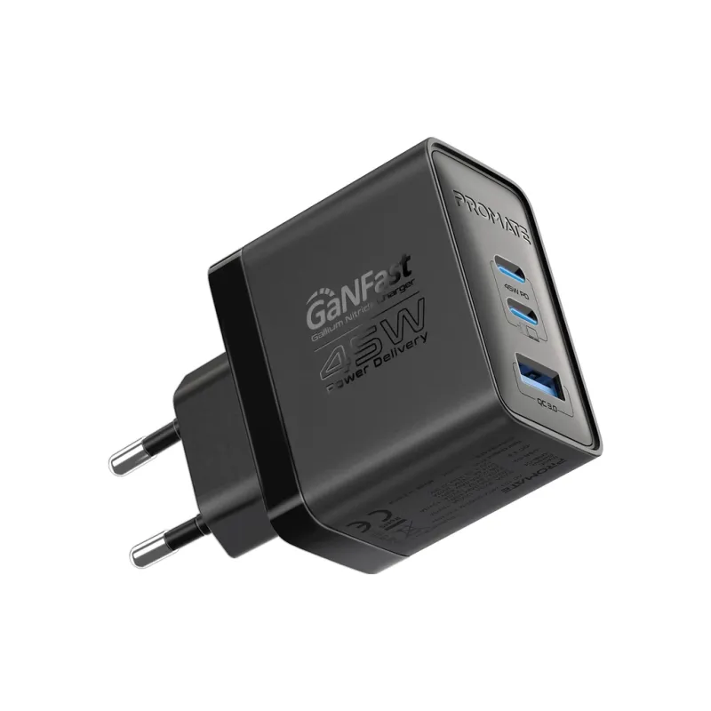 Зарядний пристрій Promate powerport-45 2xUSB-C PD + USB-A QC 45W Black (powerport-45.black)
