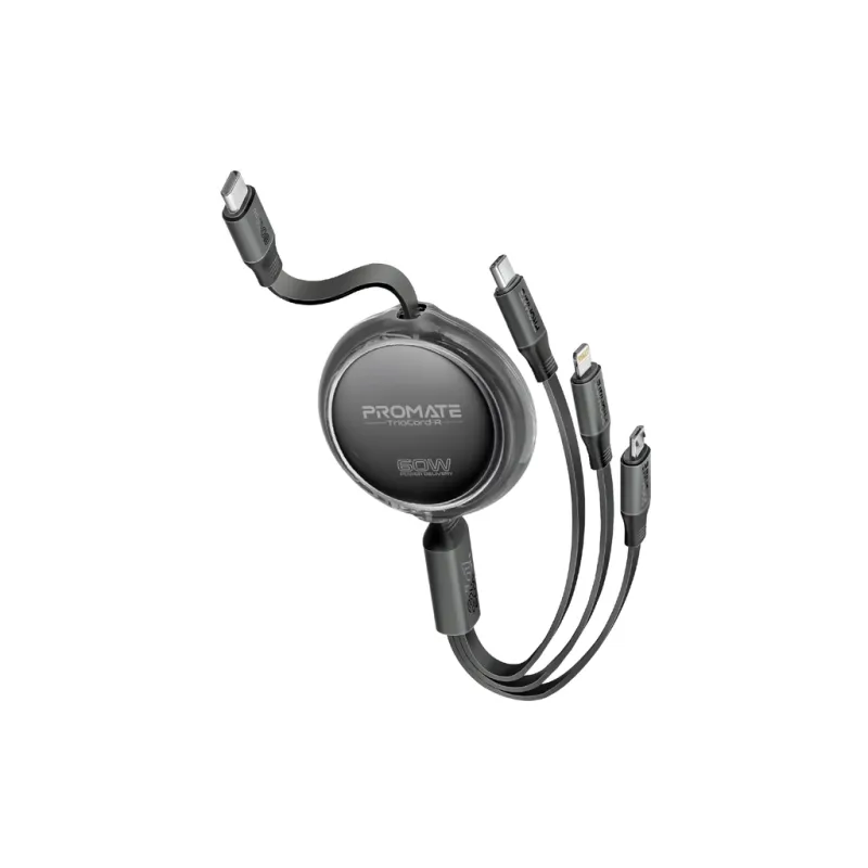 Дата кабель USB-C to Lightning 1.1m 27W + USB-C 60W + Micro USB TrioCord-R black Promate (triocord-r.black)